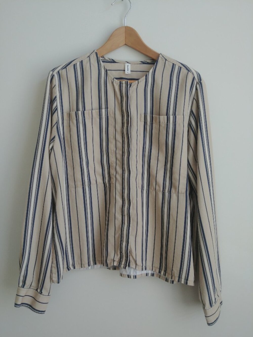 KOTN XL soft 100% lyocell striped button down shirt mandarin collar tan blue